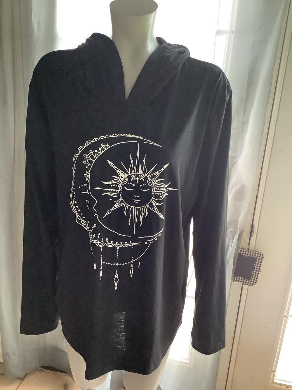 Black Women Sun Moon Print T-shirt Casual Long Sleeve Clothing with Hoodie 2XL